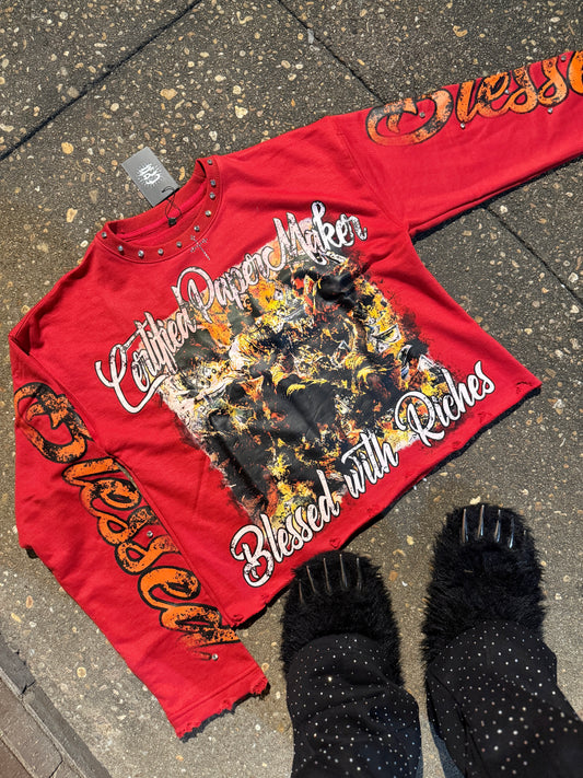 Red BLESSED WITH RICHES (distressed long sleeve)