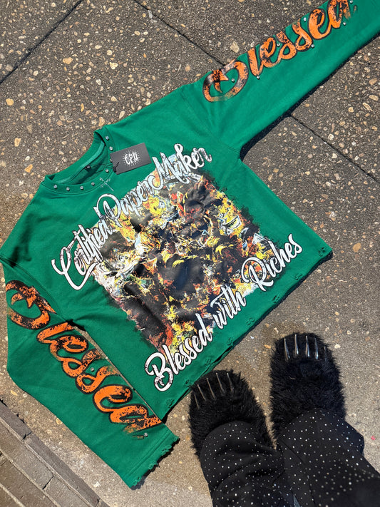 Green BLESSED WITH RICHES (distressed long sleeve)