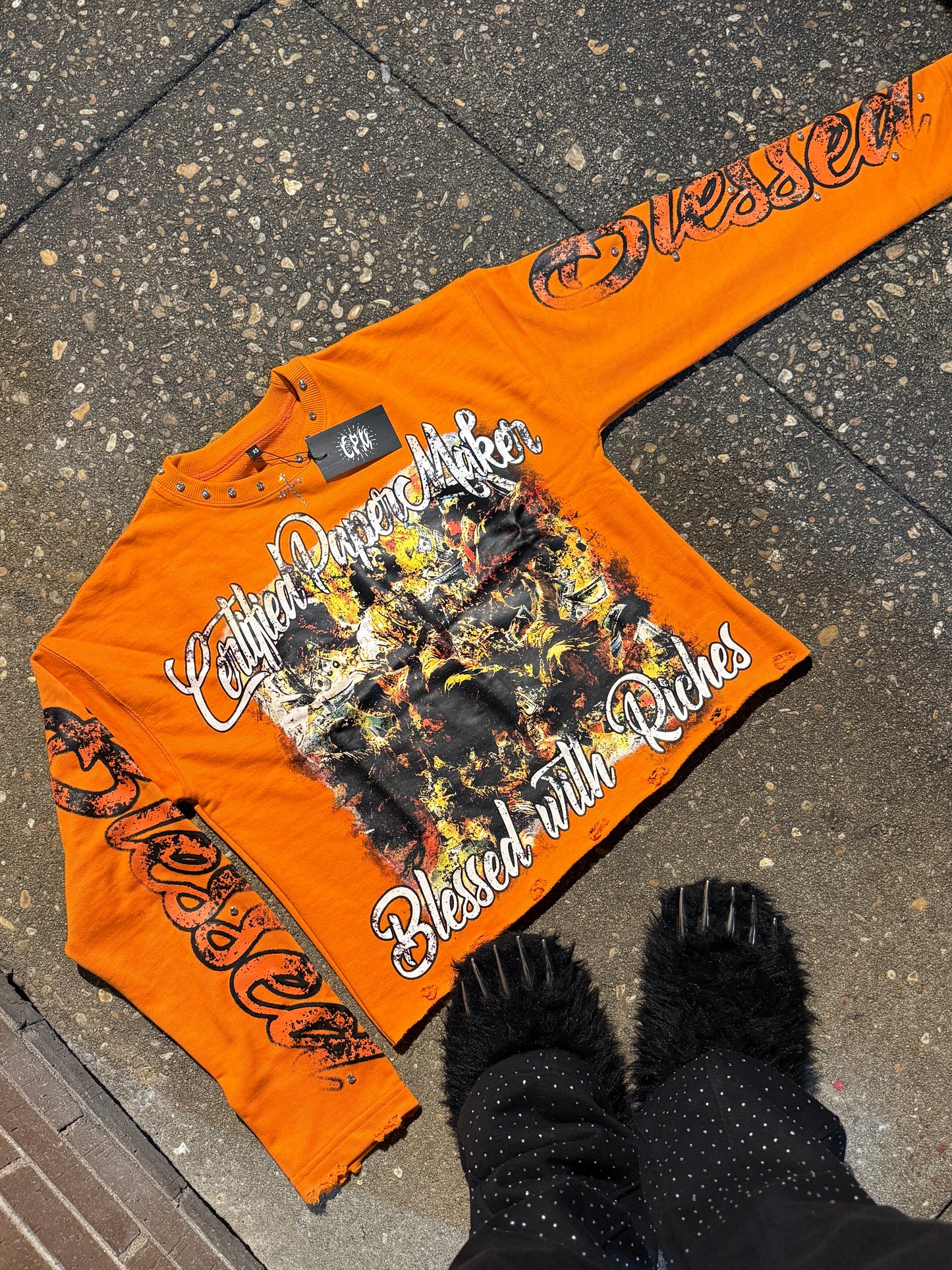 Orange BLESSED WITH RICHES (distressed long sleeve)